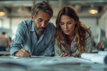 Engineers collaborating on a complex blueprint in a modern office, discussing details with serious expressions 