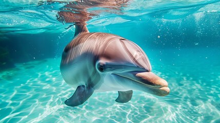 Fototapeta premium Dolphin swimming underwater with sunlight filtering through.