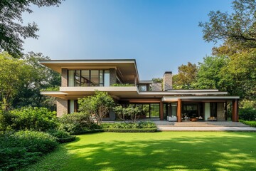 a Spacious contemporary house with lush greenery surrounding it , ai