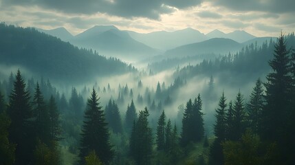 Misty morning in a lush green forest with mountains in the background.