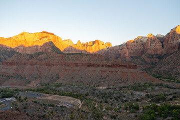 Stunning views of red rock mountains at Zion National Park, Utah.