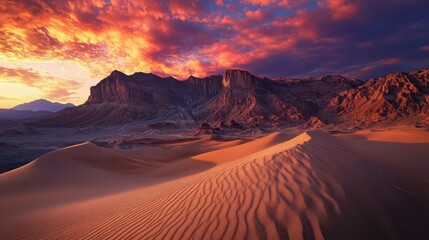 Naklejka premium A serene evening in a desert mountain range, where the sand dunes meet rocky cliffs under a bloodred sunset