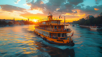 Sunset Cruise Ship on the River with City Skyline in the Background - Realistic Image