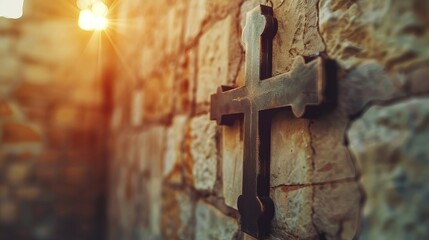 Metal cross on stone wall with sunlight flaring behind.