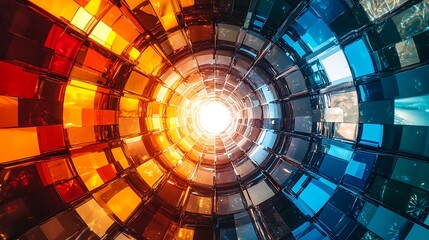 An abstract glass tunnel with bright light at the end, evoking a sense of futuristic exploration.