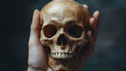 Obraz premium One hand grasps a skull from the top, its hollow eyes staring forward, under soft, even lighting on a clear background.