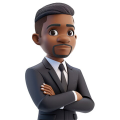 3D Cartoon Black Businessman with Arms Crossed Isolated on Transparent or White Background, PNG