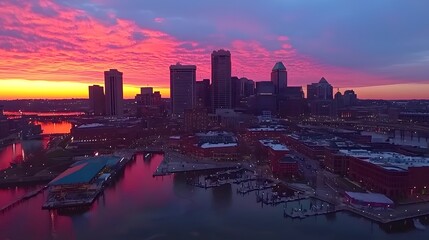 Fototapeta premium Vibrant sunset over a city skyline reflecting on the water.