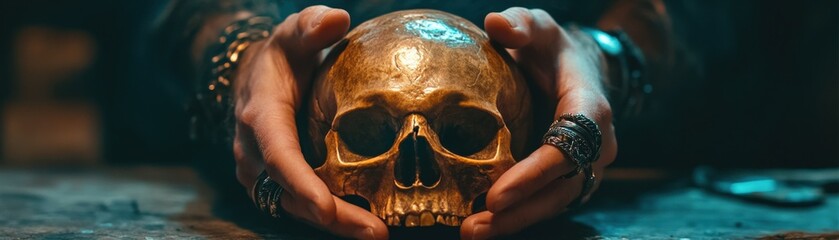 One hand, adorned with rings, gently grips the top of a polished skull, the bone glowing under soft, ambient lighting.