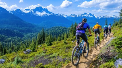 Fototapeta premium Mountain Bike Riders on Scenic Trail with Mountain View