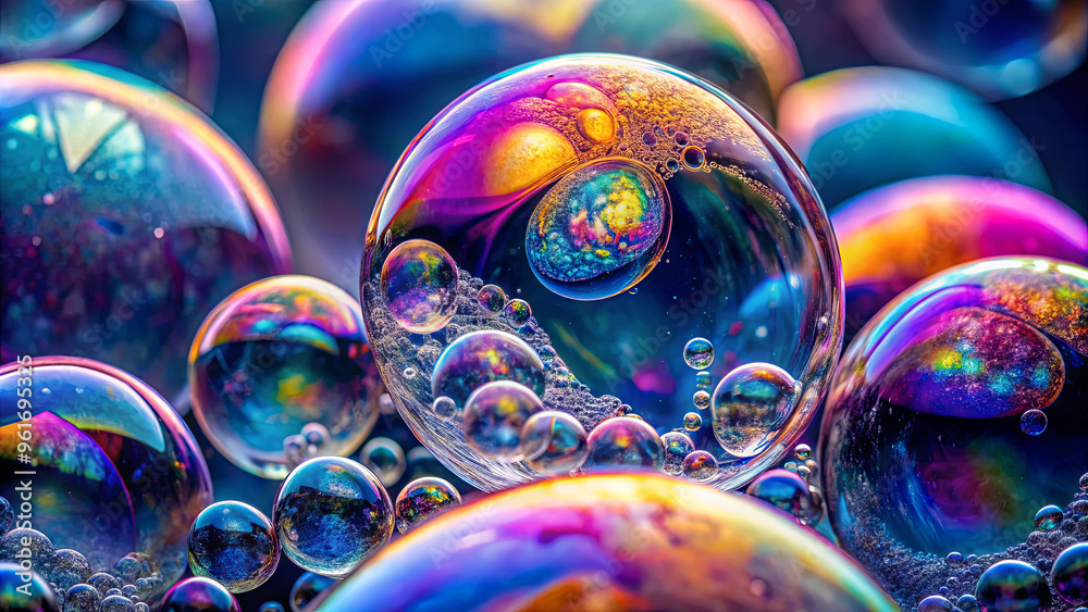 Poster a close-up view captures vibrant soap bubbles reflecting a spectrum of colors while grouped closely 