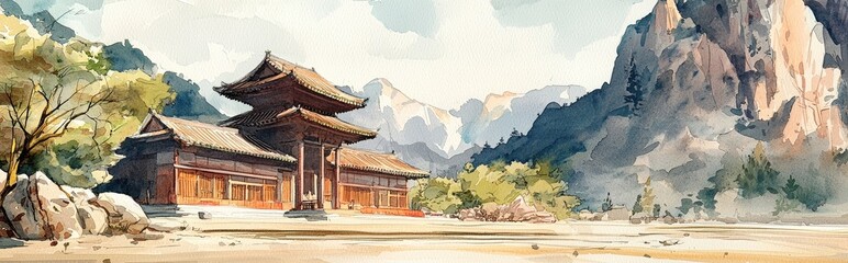 Fototapeta premium Serene Watercolor Landscape of a Traditional Building Amidst Majestic Mountains