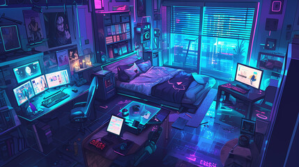 Lofi Cyber Bedroom Cartoon Style with Computers
