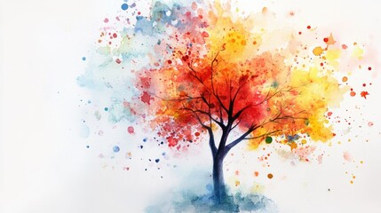 Vibrant Watercolor Tree Illustration with Autumn Colors and Abstract Splashes