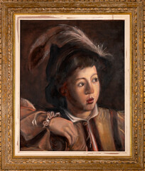 A detailed painting study of a young boy from "The Calling of St. Matthew," inspired by Renaissance masters, showcasing classical Renaissance style. Framed oil painting.