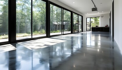 Stylish modern garage featuring expansive windows, sleek white walls, and a polished concrete floor illuminated by streaming sunlight