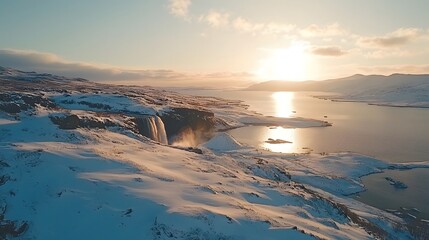 Fototapeta premium Stunning sunset over a snow-covered landscape featuring a majestic waterfall.