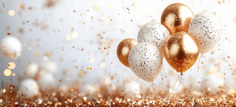 Canvas Prints Golden and White Balloons with Confetti