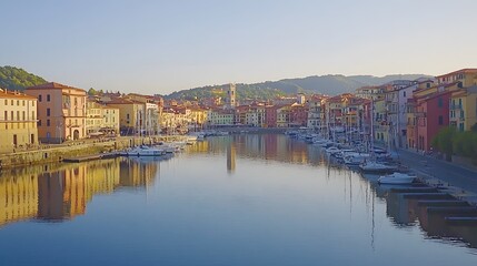 Obraz premium Scenic view of colorful buildings reflecting in calm waters at dusk.