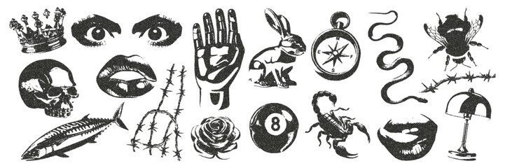 Collage of Dadaism in the dot style of retro photocopies. Chrome elements eyes, mouth, rose, skull, rabbit, compass, fish, crown. Vector illustration.