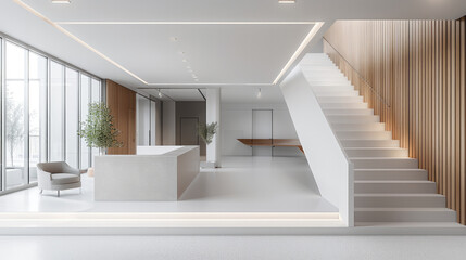Fototapeta premium A white and light grey room with an entrance, stairs leading up to the second floor on one side, a reception desk in corner, wood panel walls, minimal interior design style. Generative AI.