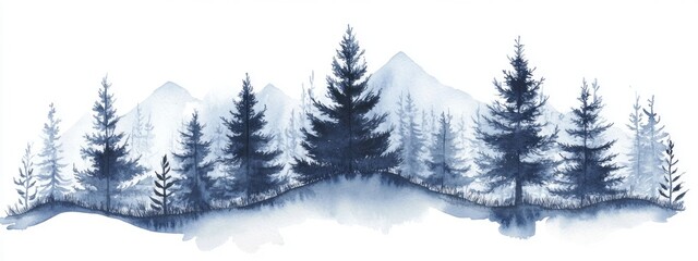Serene Watercolor Landscape of Pine Trees and Mountains in Gentle Blue Tones