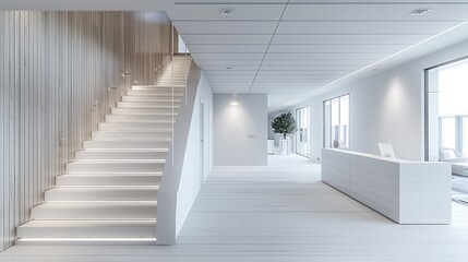 Obraz premium A white and light grey room with an entrance, stairs leading up to the second floor on one side, a reception desk in corner, wood panel walls, minimal interior design style. Generative AI.