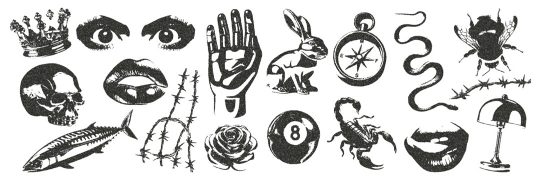 Collage of Dadaism in the dot style of retro photocopies. Chrome elements eyes, mouth, rose, skull, rabbit, compass, fish, crown. Vector illustration.