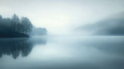 Fototapeta premium Misty morning over a calm lake, the soft light creating a serene and ethereal atmosphere.