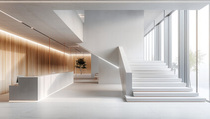 Obraz premium A white and light grey room with an entrance, stairs leading up to the second floor on one side, a reception desk in corner, wood panel walls, minimal interior design style. Generative AI.