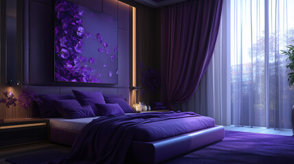 A luxurious bedroom styled with different shades of purple, featuring purple bedding, purple curtains, and purple wall art