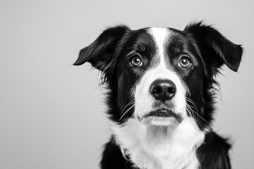 studio headshot portrait of black and white dog tilting head looking forward against a light gray background , ai