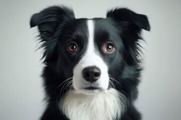 Fototapeta premium studio headshot portrait of black and white dog tilting head looking forward against a light gray background , ai