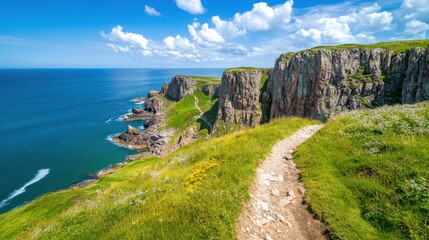 Scenic Coastal Path with Cliff Views and Blue Sky