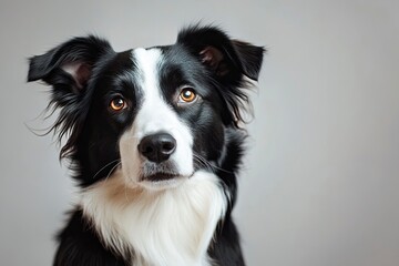 Fototapeta premium studio headshot portrait of black and white dog tilting head looking forward against a light gray background , ai