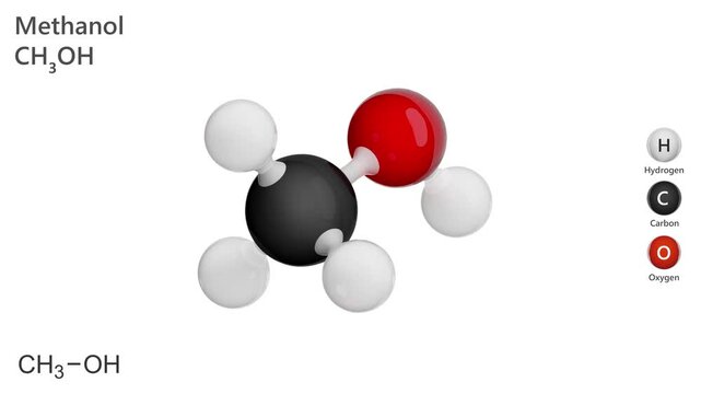 The methanol molecule CH3OH (CH4O). Methanol appears as a colorless volatile liquid. Animated 3D model. white background. 3d render