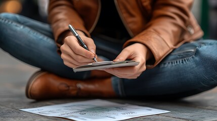 A close-up of a person�s hands writing in a notebook with a pen, capturing a moment of thought and creativity.