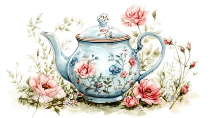 Charming Floral Teapot with Roses: A Watercolor Delight for Your Tea Time