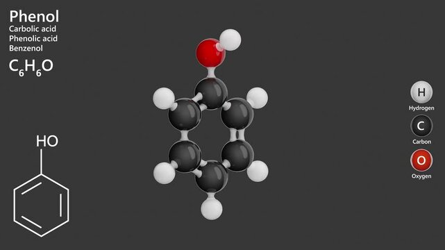 The Phenol molecule C6H6O (C6H5OH). Animated 3D model. 3d render. Phenol is an organic compound with an aromatic ring. black background