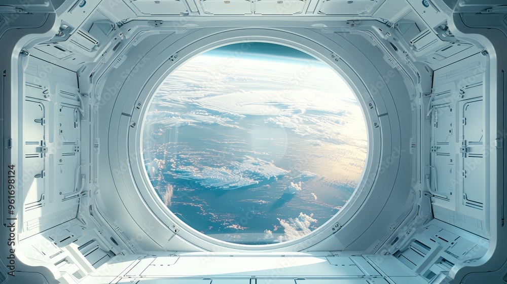 Poster a large round window in the space station, floating in zero gravity, white interior with window show