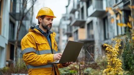 A professional construction worker wearing a hard hat and reflective jacket operates a laptop outdoors with contemporary apartment buildings in the background