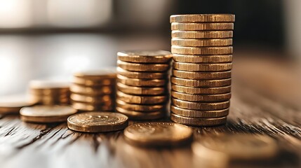 A close-up stack of golden coins on a wooden table, symbolizing wealth and prosperity.