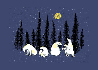 Vector card with hand drawn cute polar bears chilling out in the night snowy forest. Beautiful ink drawing, animal illustration
