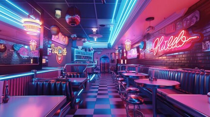 Neon Diner Interior with Retro Bar Stools and Checkered Floor