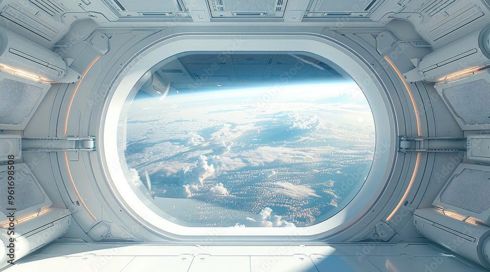 Poster a large round window in the space station, floating in zero gravity, white interior with window show