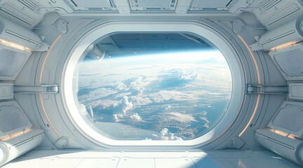 A large round window in the space station, floating in zero gravity, white interior with window showing earth below, minimalistic design, futuristic vibe. Generative AI.