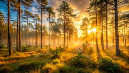 Obraz premium golden hour forest dawn atmosphere tranquil mist soft focus