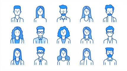 Minimalist set avatar of people made from blue lines on a white background.