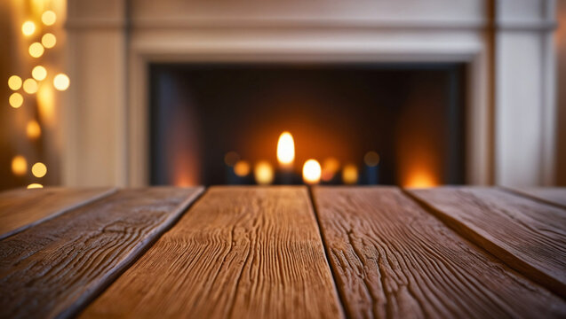 Empty wooden table with fireplace theme in background