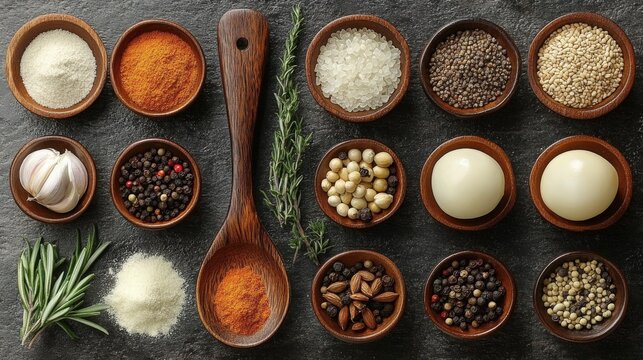 An assortment of spices, herbs, and aromatics is neatly organized in wooden bowls on a dark surface